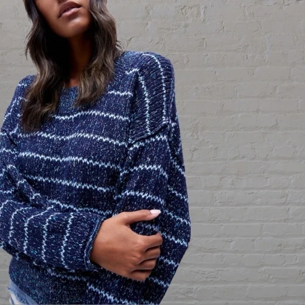 Free People NWT Starlight Blue Striped Cotton Blend Heavy Knit Sweater - Picture 5 of 14